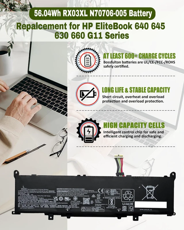 Alt view image 5 of 6 - 56.04Wh RX03XL N70706-005 Battery for HP EliteBook 640 645 630 660 G11 & ProBook 440 445 460 465 G11 Series NotebookCompatible with N78704-005 HSTNN-WB0H TPN-DB1Z - 11.58V 4646mAh Replacement