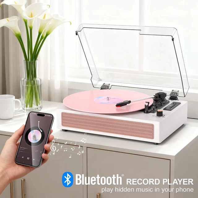 Alt view image 3 of 7 - Vinyl Record Player with Speakers, Pink Vintage Bluetooth Record Player with EQ Sound Modes & LED Display, 3-Speed Turntable for Vinyl Records, USB Recording, TF Card Playback, AUX & RCA Output