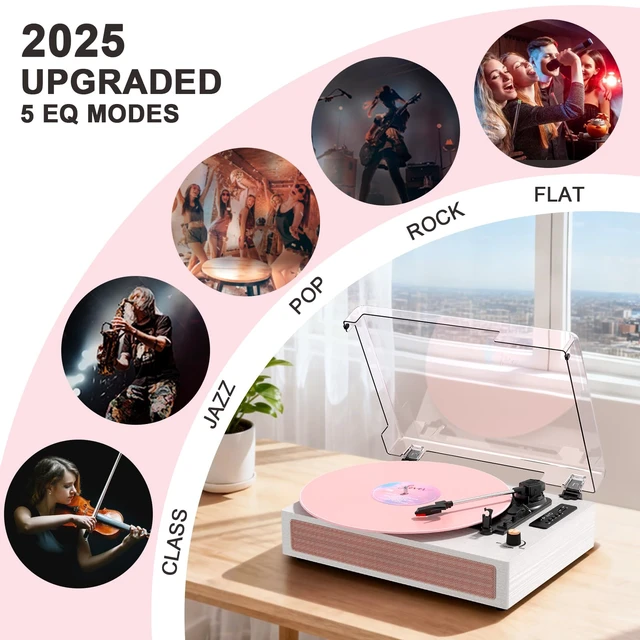 Alt view image 6 of 7 - Vinyl Record Player with Speakers, Pink Vintage Bluetooth Record Player with EQ Sound Modes & LED Display, 3-Speed Turntable for Vinyl Records, USB Recording, TF Card Playback, AUX & RCA Output