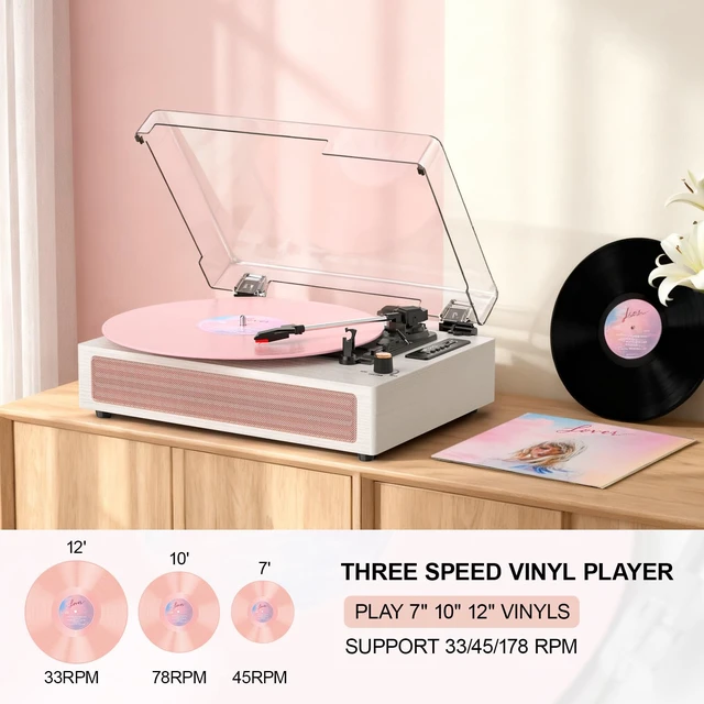 Alt view image 4 of 7 - Vinyl Record Player with Speakers, Pink Vintage Bluetooth Record Player with EQ Sound Modes & LED Display, 3-Speed Turntable for Vinyl Records, USB Recording, TF Card Playback, AUX & RCA Output