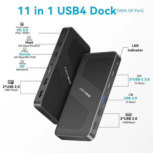 Alt view image 2 of 7 - 40Gbps Dock - with DP Port, PD 100W, 40Gb/s, USB C/A, Laptop Docking Station Dual Monitor Single 8K or Dual 6K Display for Windows and Mac, Compatible with USB4
