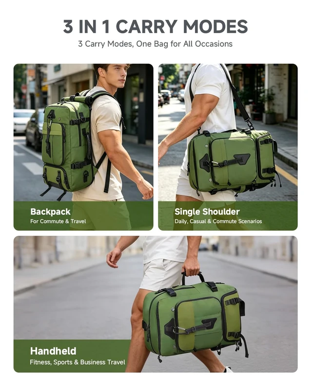 Alt view image 2 of 7 - Travel Backpack for Men,40L Carry On Backpack Fits 16" Laptop 3 in 1 Luggage Duffle Bag with USB Charging Port, Shoe Compartment,for Weekend Getaway, Overnight Trip,Green