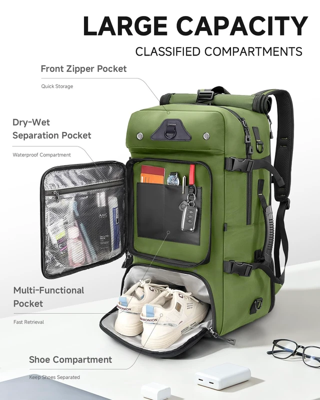 Alt view image 3 of 7 - Travel Backpack for Men,40L Carry On Backpack Fits 16" Laptop 3 in 1 Luggage Duffle Bag with USB Charging Port, Shoe Compartment,for Weekend Getaway, Overnight Trip,Green