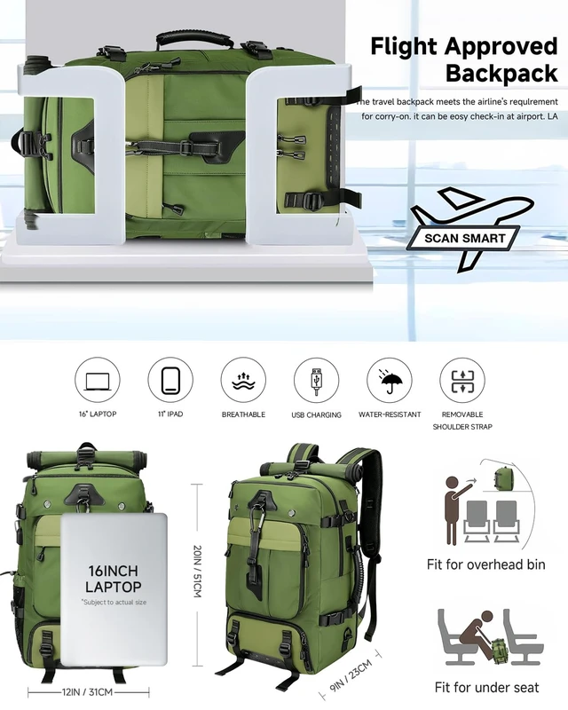 Alt view image 4 of 7 - Travel Backpack for Men,40L Carry On Backpack Fits 16" Laptop 3 in 1 Luggage Duffle Bag with USB Charging Port, Shoe Compartment,for Weekend Getaway, Overnight Trip,Green