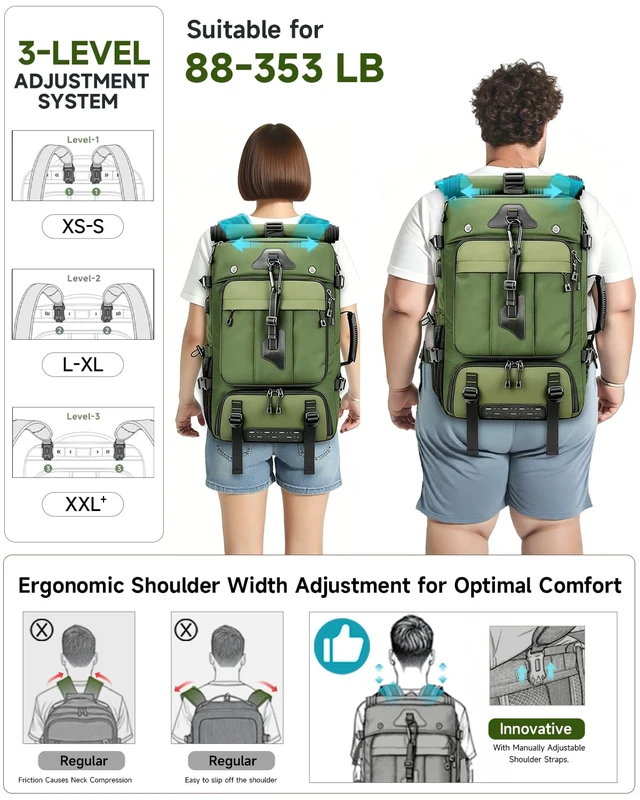 Alt view image 5 of 7 - Travel Backpack for Men,40L Carry On Backpack Fits 16" Laptop 3 in 1 Luggage Duffle Bag with USB Charging Port, Shoe Compartment,for Weekend Getaway, Overnight Trip,Green