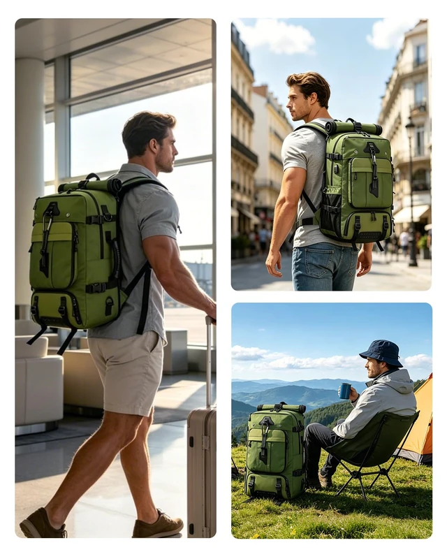 Alt view image 7 of 7 - Travel Backpack for Men,40L Carry On Backpack Fits 16" Laptop 3 in 1 Luggage Duffle Bag with USB Charging Port, Shoe Compartment,for Weekend Getaway, Overnight Trip,Green