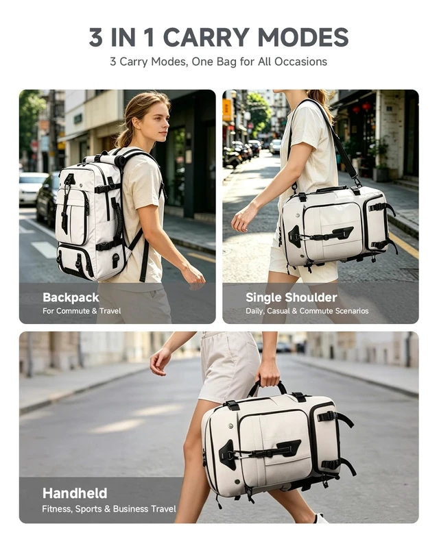 Alt view image 2 of 7 - Travel Backpack for Men,40L Carry On Backpack Fits 16" Laptop 3 in 1 Luggage Duffle Bag with USB Charging Port, Shoe Compartment,for Weekend Getaway, School Book Bag,Overnight Trip,Beige