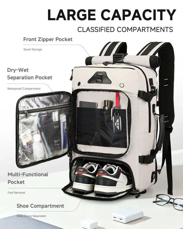 Alt view image 3 of 7 - Travel Backpack for Men,40L Carry On Backpack Fits 16" Laptop 3 in 1 Luggage Duffle Bag with USB Charging Port, Shoe Compartment,for Weekend Getaway, School Book Bag,Overnight Trip,Beige