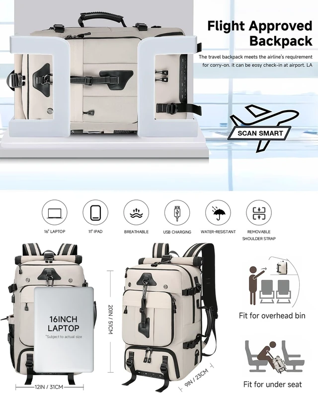 Alt view image 4 of 7 - Travel Backpack for Men,40L Carry On Backpack Fits 16" Laptop 3 in 1 Luggage Duffle Bag with USB Charging Port, Shoe Compartment,for Weekend Getaway, School Book Bag,Overnight Trip,Beige