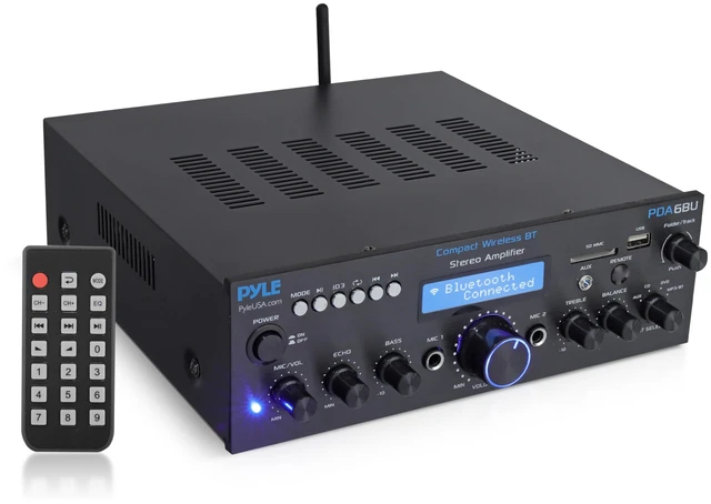 Main image of Wireless Bluetooth Power Amplifier System- 200W Dual Channel Sound Audio Stereo Receiver w/USB, SD, AUX, MIC w/Echo, Radio, LCD - Home Theater Entertainment via RCA, Studio Use, Black - PDA6BU.6
