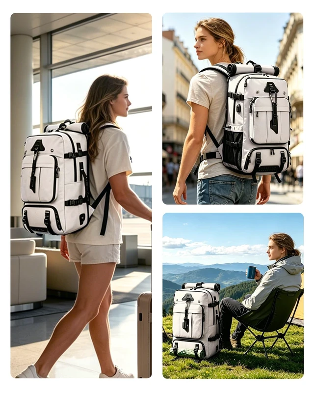 Alt view image 7 of 7 - Travel Backpack for Men,40L Carry On Backpack Fits 16" Laptop 3 in 1 Luggage Duffle Bag with USB Charging Port, Shoe Compartment,for Weekend Getaway, School Book Bag,Overnight Trip,Beige