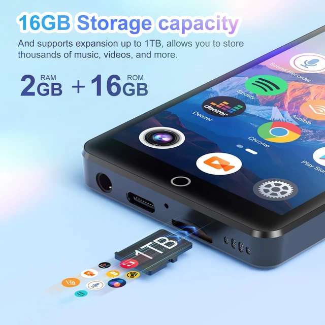 Alt view image 2 of 7 - MP3 Player with Bluetooth and WiFi, Android Music Player with Camera, 4.0" Touch Screen MP4 Player with Spotify, Audible, Music, Play Store, 16GB Storage (Black)