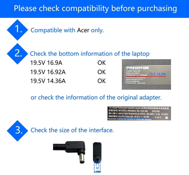 Alt view image 3 of 7 - 330W Ac Adapter 19.5V 16.92A Replacement A20-330P1A Compatible with Acer Predator Helios 300 N20C11 N20C3 N22C3 Laptop Charger