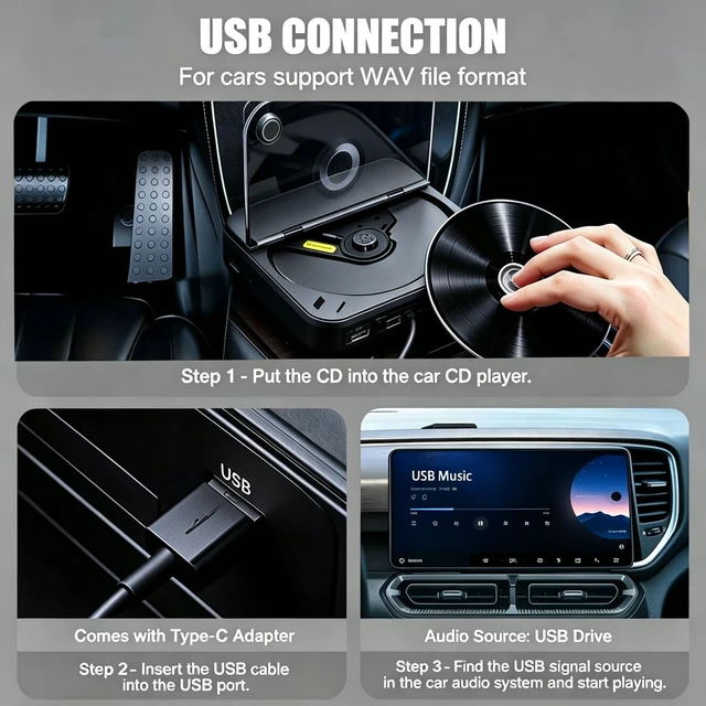 Alt view image 4 of 7 - CD Player for Car, External Portable Car CD Players with USB/AUX Port, Universal USB CD Player for Vehicle, Laptop, TV, Computer, for Android 4.4 and Above Navigation