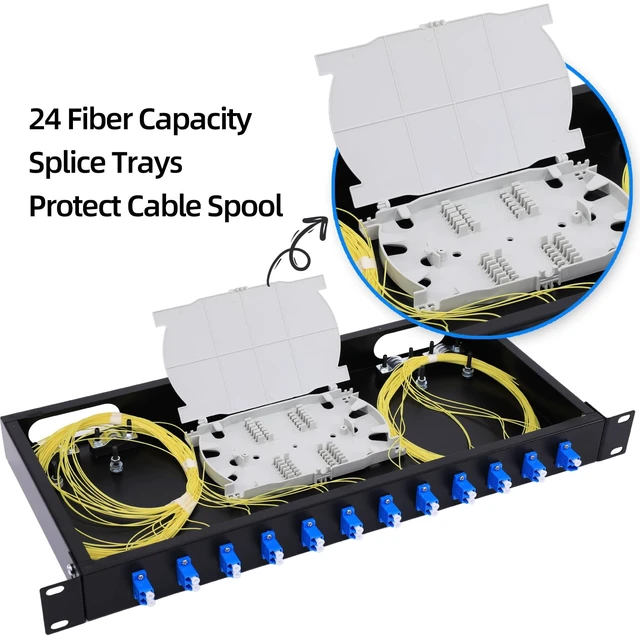 Alt view image 4 of 7 - 12 Duplex 24 Port LC-OS1 Rack Mount Enclosure Box + Splice Trays Fiber Cables Spool SingleMode LC-UPC Kit (Include 1M 24Strand Pigtail+24 Core LGX Loaded Patch Panel - Fits 19" Racks Cabinet