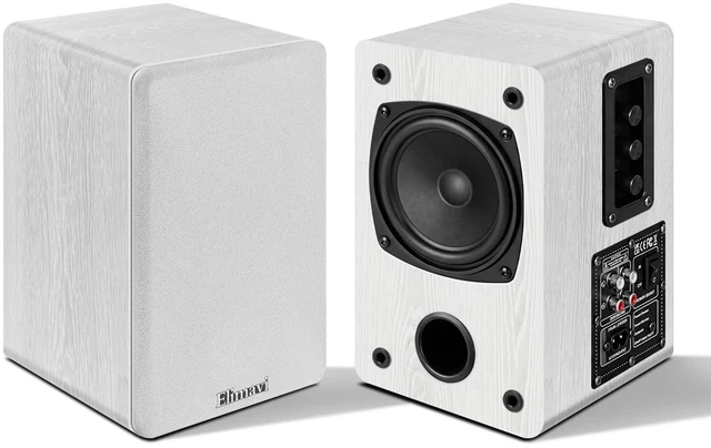 Main image of Powered Bookshelf Speakers for Record Players, RCA Input, White Vinyl Speaker with 4" Drivers, 30W RMS Built-in Class D Amp, Includes RCA and 3.5mm Audio Cables, Plug-and-Play, Wood Cabinet
