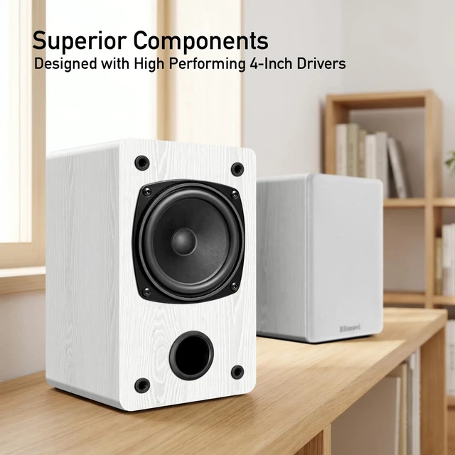 Alt view image 2 of 7 - Powered Bookshelf Speakers for Record Players, RCA Input, White Vinyl Speaker with 4" Drivers, 30W RMS Built-in Class D Amp, Includes RCA and 3.5mm Audio Cables, Plug-and-Play, Wood Cabinet