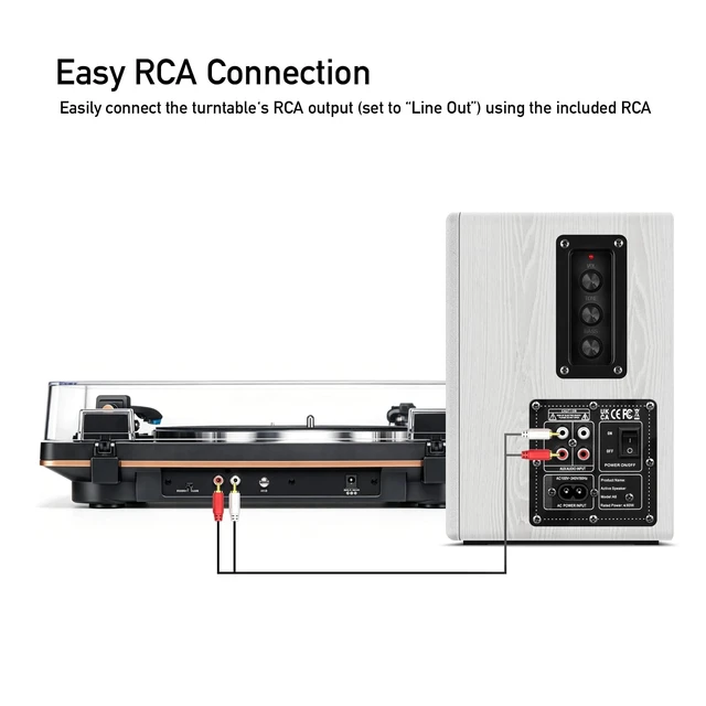 Alt view image 4 of 7 - Powered Bookshelf Speakers for Record Players, RCA Input, White Vinyl Speaker with 4" Drivers, 30W RMS Built-in Class D Amp, Includes RCA and 3.5mm Audio Cables, Plug-and-Play, Wood Cabinet