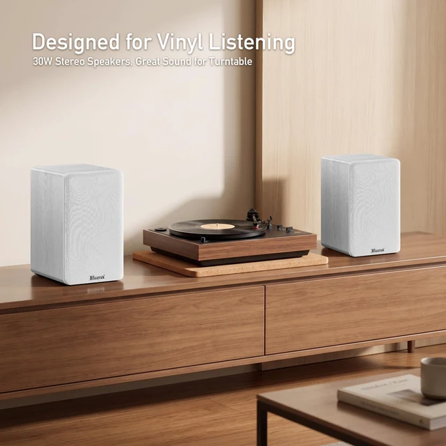 Alt view image 3 of 7 - Powered Bookshelf Speakers for Record Players, RCA Input, White Vinyl Speaker with 4" Drivers, 30W RMS Built-in Class D Amp, Includes RCA and 3.5mm Audio Cables, Plug-and-Play, Wood Cabinet