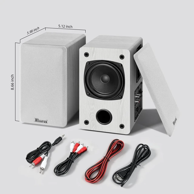 Alt view image 7 of 7 - Powered Bookshelf Speakers for Record Players, RCA Input, White Vinyl Speaker with 4" Drivers, 30W RMS Built-in Class D Amp, Includes RCA and 3.5mm Audio Cables, Plug-and-Play, Wood Cabinet