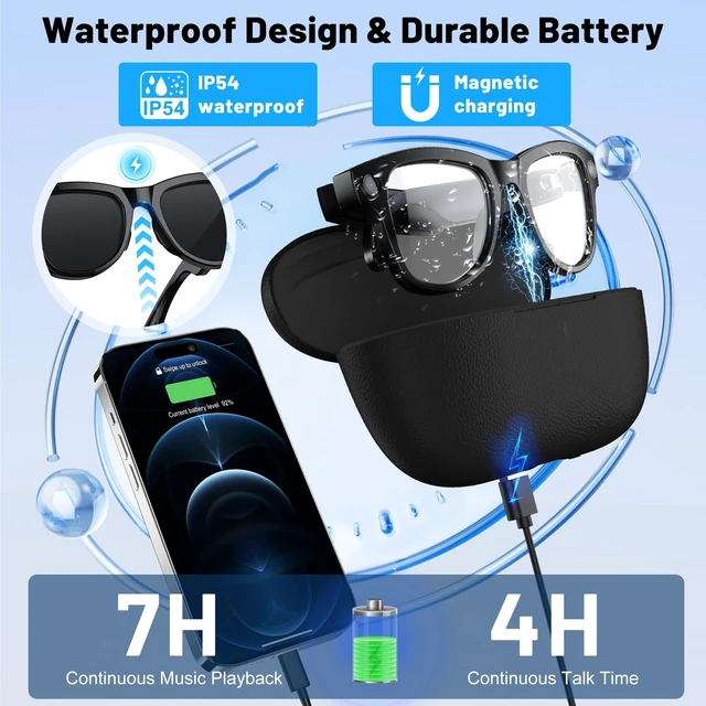 Alt view image 7 of 7 - Smart Glasses with Camera and Bluetooth, 4K Anti-Shake POV Camera Glasses with Charging Case, AI Glasses with Transition Lenses Voice Assistant Recording and Video for Men and Women
