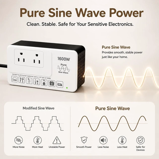 Alt view image 2 of 7 - 1600W 220V to 110V Voltage Converter, International Travel Power Adapter Pure Sine Wave Stable & Clean Power Protects Sensitive Electronics Runs Quietly Less Heat & Electrical Noise