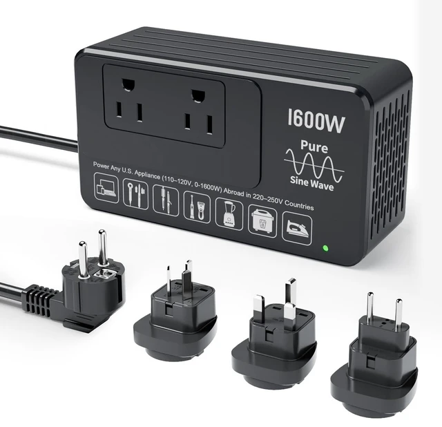 Main image of 1600W 220V to 110V Voltage Converter, International Travel Power Adapter Pure Sine Wave Stable & Clean Power Protects Sensitive Electronics Runs Quietly Less Heat & Electrical Noise
