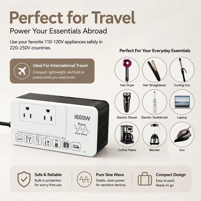 Alt view image 3 of 7 - 1600W 220V to 110V Voltage Converter, International Travel Power Adapter Pure Sine Wave Stable & Clean Power Protects Sensitive Electronics Runs Quietly Less Heat & Electrical Noise
