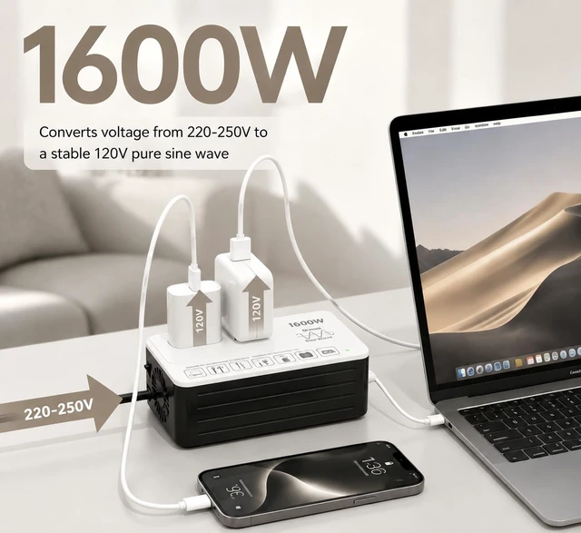 Alt view image 4 of 7 - 1600W 220V to 110V Voltage Converter, International Travel Power Adapter Pure Sine Wave Stable & Clean Power Protects Sensitive Electronics Runs Quietly Less Heat & Electrical Noise