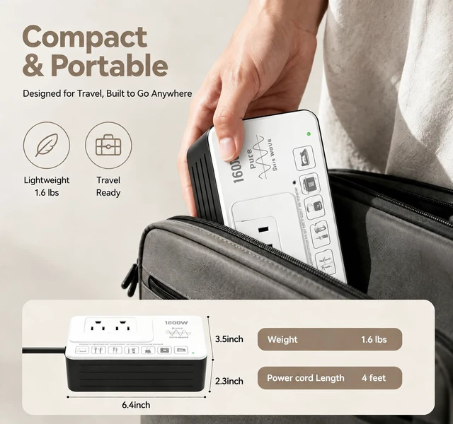 Alt view image 5 of 7 - 1600W 220V to 110V Voltage Converter, International Travel Power Adapter Pure Sine Wave Stable & Clean Power Protects Sensitive Electronics Runs Quietly Less Heat & Electrical Noise