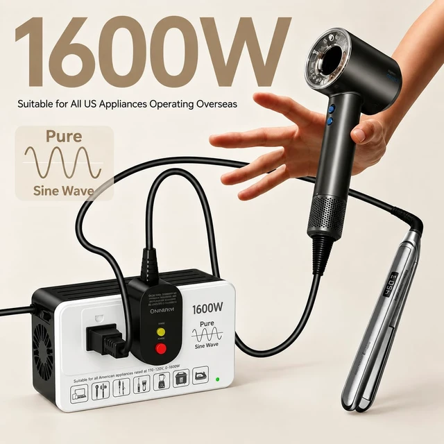 Alt view image 6 of 7 - 1600W 220V to 110V Voltage Converter, International Travel Power Adapter Pure Sine Wave Stable & Clean Power Protects Sensitive Electronics Runs Quietly Less Heat & Electrical Noise