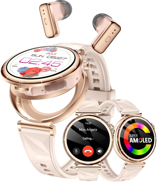 Main image of Smart Watch with Earbuds for Women, 1.43 AMOLED Display, Bluetooth Calling, Heart Rate Monitor, Sleep Tracking, Fitness Tracker for SmartWatches, Compatible with Android & iPhone