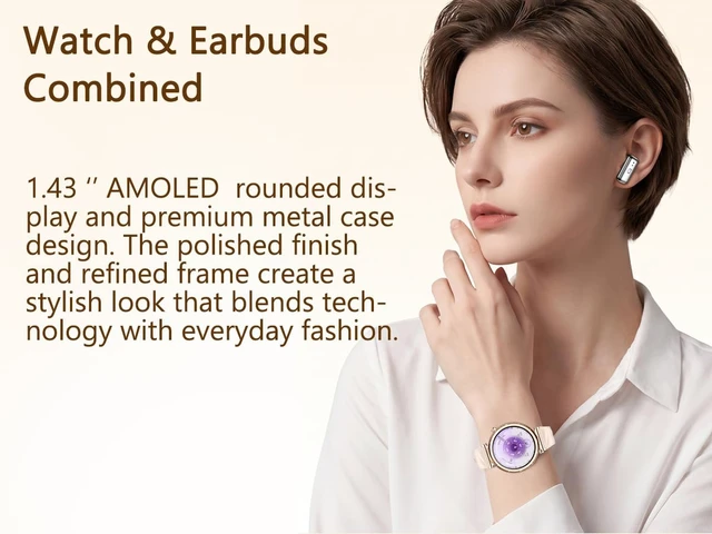 Alt view image 3 of 7 - Smart Watch with Earbuds for Women, 1.43 AMOLED Display, Bluetooth Calling, Heart Rate Monitor, Sleep Tracking, Fitness Tracker for SmartWatches, Compatible with Android & iPhone