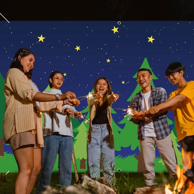 Alt view image 3 of 6 - 10 x 30 ft Enchanted Forest Camping Backdrop Forest Night Scene Camping Background Supplies Photography Background for Theme Party Photo Banner Decoration