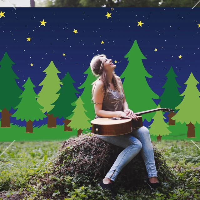 Alt view image 4 of 6 - 10 x 30 ft Enchanted Forest Camping Backdrop Forest Night Scene Camping Background Supplies Photography Background for Theme Party Photo Banner Decoration