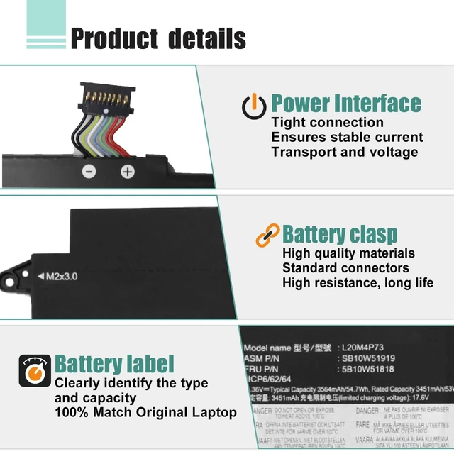 Alt view image 4 of 7 - 54.7Wh L20M4P73 L20C4P73 Laptop Battery Replacement for Lenovo ThinkPad X13 Gen2 (2021) X13 Gen3 (2022) Series L20L4P73 L20D4P73 5B10W51818 5B10W51853 15.36V 3564mAh