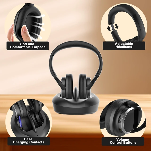 Alt view image 5 of 7 - Wireless Headphones for TV Watching with Charging Base for Seniors Plug and Play,Range 330 ft,No Audio Delay,Charging Dock,Optical AUX RCA Compatible,Wireless TV Headset,Gift for Parents