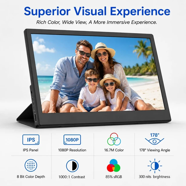 Alt view image 2 of 7 - 15.6 Inch Portable Hdmi Monitor with Built in Speakers FHD 1080P IPS HDMI USB C HDMI Plug and Play External Laptop Screen,Lightweight Travel Portable Monitor for Business Trips