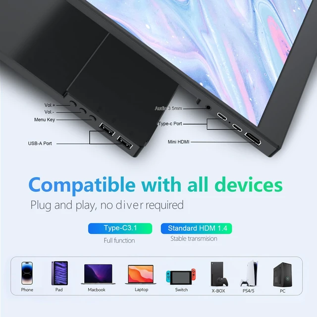 Alt view image 4 of 7 - 15.6 Inch Portable Hdmi Monitor with Built in Speakers FHD 1080P IPS HDMI USB C HDMI Plug and Play External Laptop Screen,Lightweight Travel Portable Monitor for Business Trips