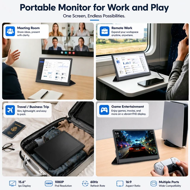 Alt view image 5 of 7 - 15.6 Inch Portable Hdmi Monitor with Built in Speakers FHD 1080P IPS HDMI USB C HDMI Plug and Play External Laptop Screen,Lightweight Travel Portable Monitor for Business Trips