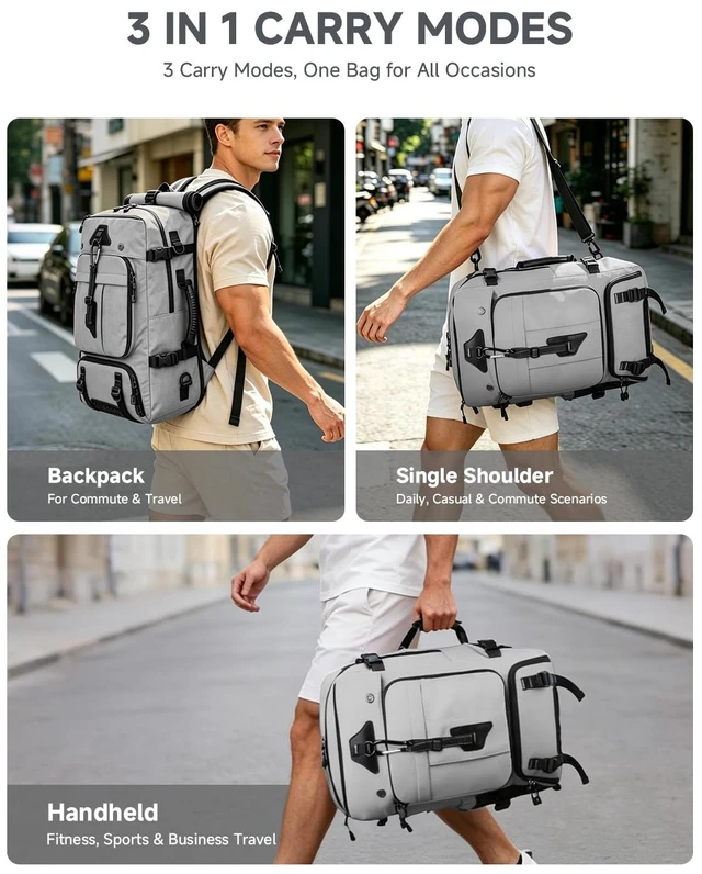 Alt view image 2 of 7 - Travel Backpack for Men, 40L Carry on Backpack For Camping,Weekender Grey Large Carry On, Convertible Duffle Bag, Shoe Compartment, Fits 16 Inch Laptop, Durable
