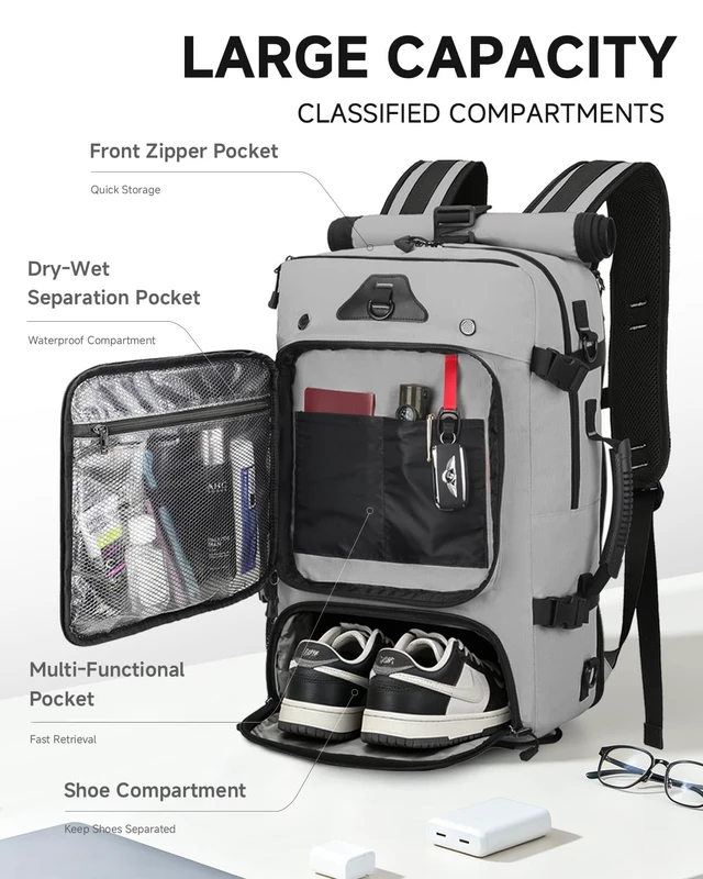 Alt view image 3 of 7 - Travel Backpack for Men, 40L Carry on Backpack For Camping,Weekender Grey Large Carry On, Convertible Duffle Bag, Shoe Compartment, Fits 16 Inch Laptop, Durable
