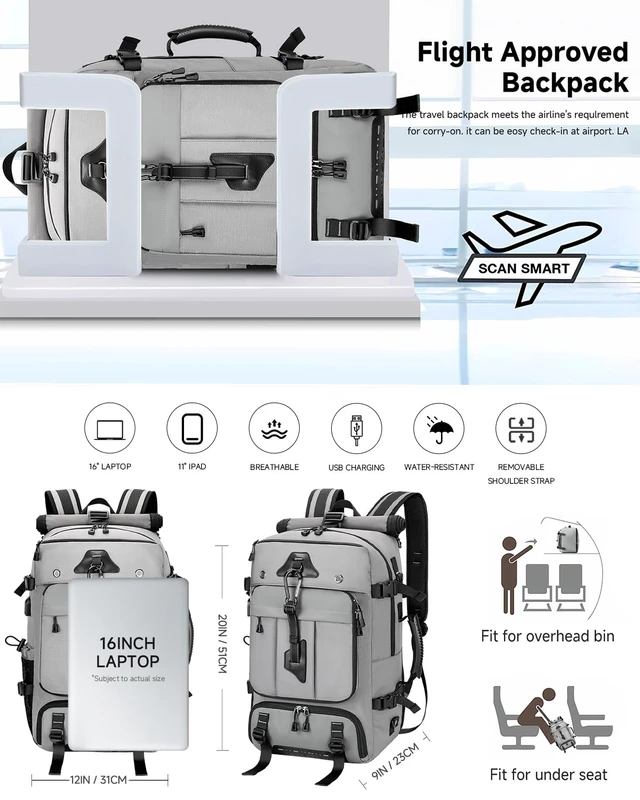 Alt view image 4 of 7 - Travel Backpack for Men, 40L Carry on Backpack For Camping,Weekender Grey Large Carry On, Convertible Duffle Bag, Shoe Compartment, Fits 16 Inch Laptop, Durable