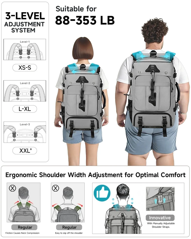 Alt view image 5 of 7 - Travel Backpack for Men, 40L Carry on Backpack For Camping,Weekender Grey Large Carry On, Convertible Duffle Bag, Shoe Compartment, Fits 16 Inch Laptop, Durable