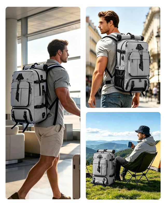 Alt view image 7 of 7 - Travel Backpack for Men, 40L Carry on Backpack For Camping,Weekender Grey Large Carry On, Convertible Duffle Bag, Shoe Compartment, Fits 16 Inch Laptop, Durable