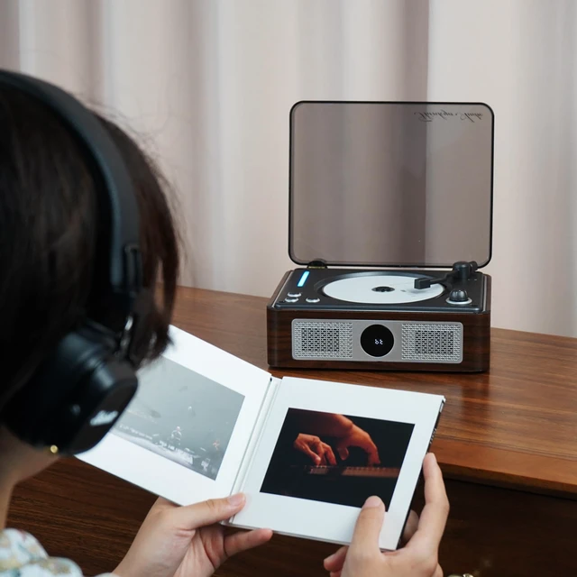 Alt view image 4 of 7 - Retro CD Player for Home, Portable Player with Bluetooth & Digital Output Vintage protable cd player, wooden housing, dual Speakers.Bluetooth In/Out, 2600mAh rechargeable,remote & RGB lights