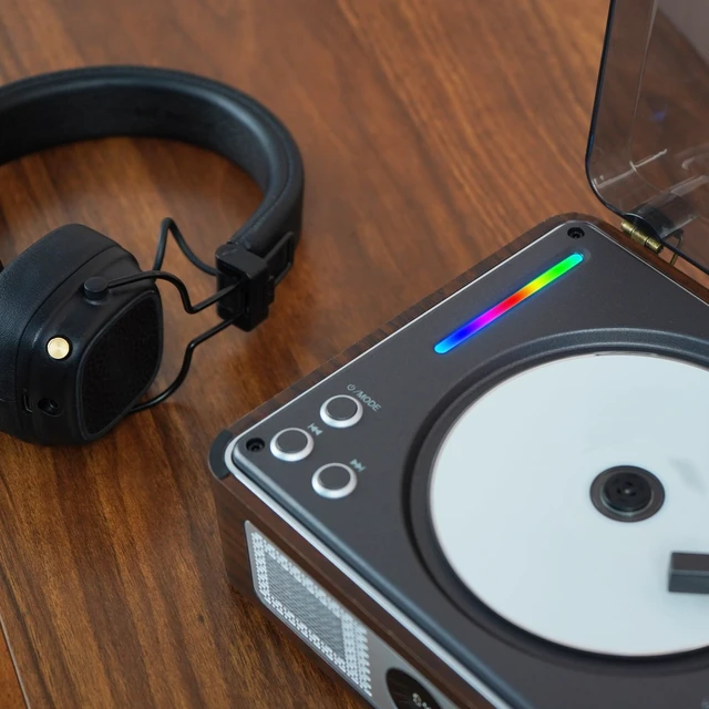 Alt view image 6 of 7 - Retro CD Player for Home, Portable Player with Bluetooth & Digital Output Vintage protable cd player, wooden housing, dual Speakers.Bluetooth In/Out, 2600mAh rechargeable,remote & RGB lights