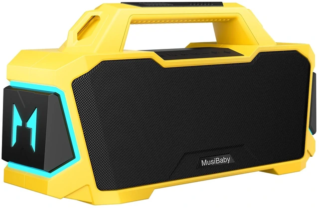 Main image of 80W Portable Bluetooth Speaker, Loud Bass, IPX6 Waterproof, Yellow Bright yellow speaker for picnic, tailgate, RV, workshop, projector nights, boat deck, cookouts, USB/AUX music