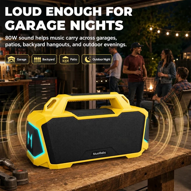 Alt view image 2 of 7 - 80W Portable Bluetooth Speaker, Loud Bass, IPX6 Waterproof, Yellow Bright yellow speaker for picnic, tailgate, RV, workshop, projector nights, boat deck, cookouts, USB/AUX music
