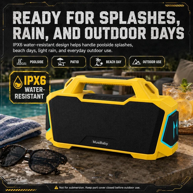 Alt view image 5 of 7 - 80W Portable Bluetooth Speaker, Loud Bass, IPX6 Waterproof, Yellow Bright yellow speaker for picnic, tailgate, RV, workshop, projector nights, boat deck, cookouts, USB/AUX music